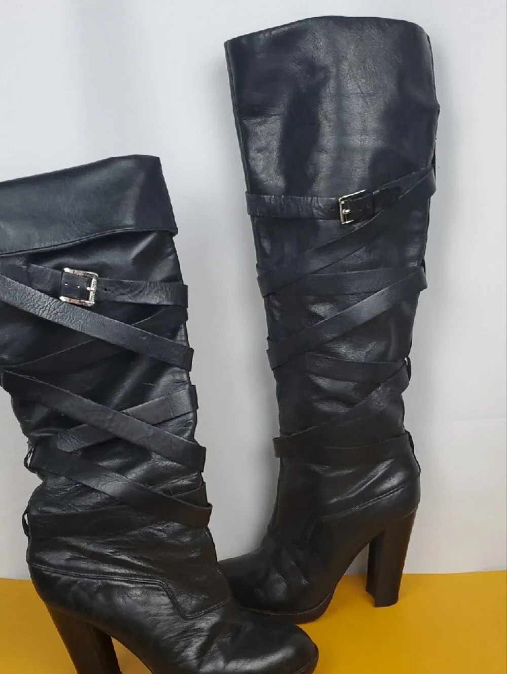 Michael Kors Black Over-the-Knee Leather Boots with Wrap Straps
